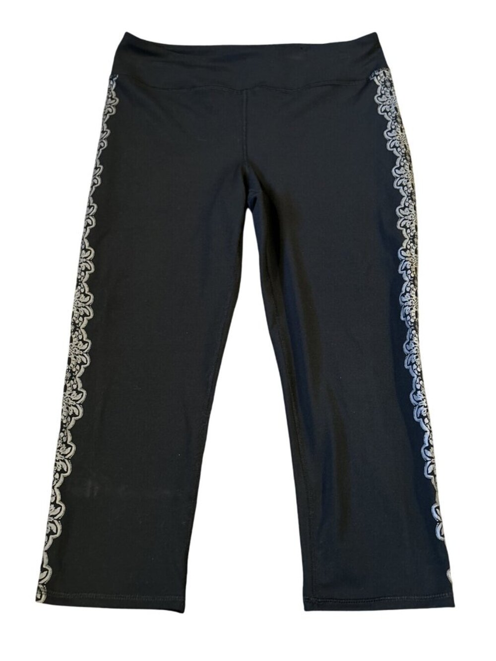 GAIAM  LARGE Stretch Capri Leggings Black with Grey Design Side Stripe